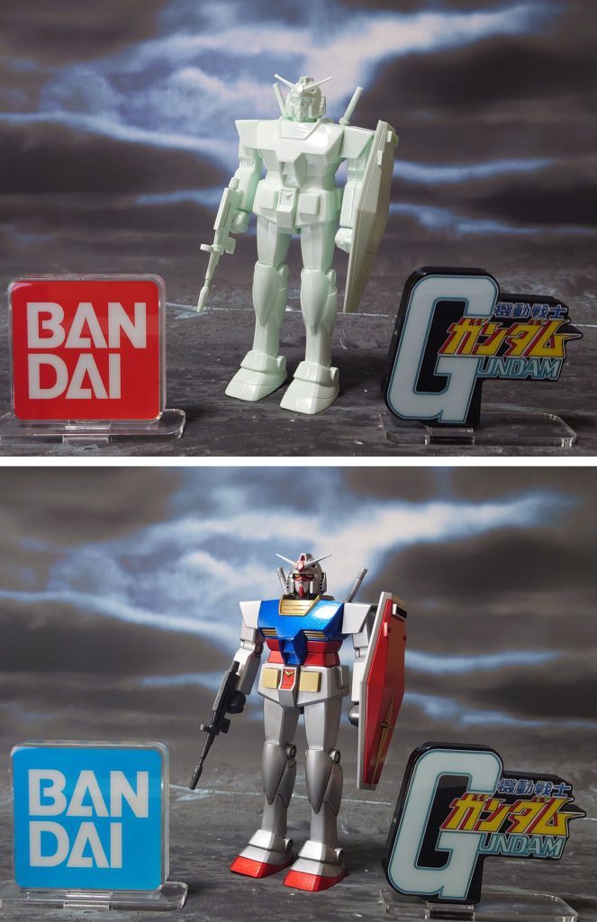 ■塗装レシピ銀:黒サフ→シルバーリーフ→光沢青:黒サフ→シルバーリーフ→メタリックブルー→光沢赤:黒サフ→シルバーリーフ→メタリックレッド→光沢金:黒サフ→ゴールド→光沢金属色グレー:黒サフ→ブライトガンメタル→光沢ビームサーベル刃(グリップと一体成型のもの):蛍光ピンクビーム刃エフェクト(SB-6 クリアピンク):根元にベースホワイト→先端側にメタリックレッド→全体に蛍光ピンク頭部リアカメラ:市販のシール素材を使用その他墨入れ・部分塗装:ガンダムマーカー各種