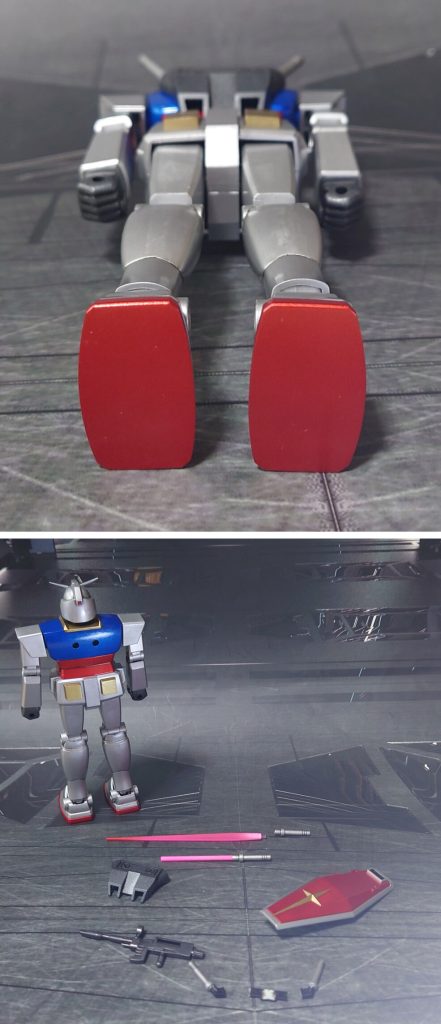 下からのアングルと、付属品一式。他キットのビームサーベル刃エフェクトを使用可能、とのことなので、SB-6ランナーから一本、用意しました。