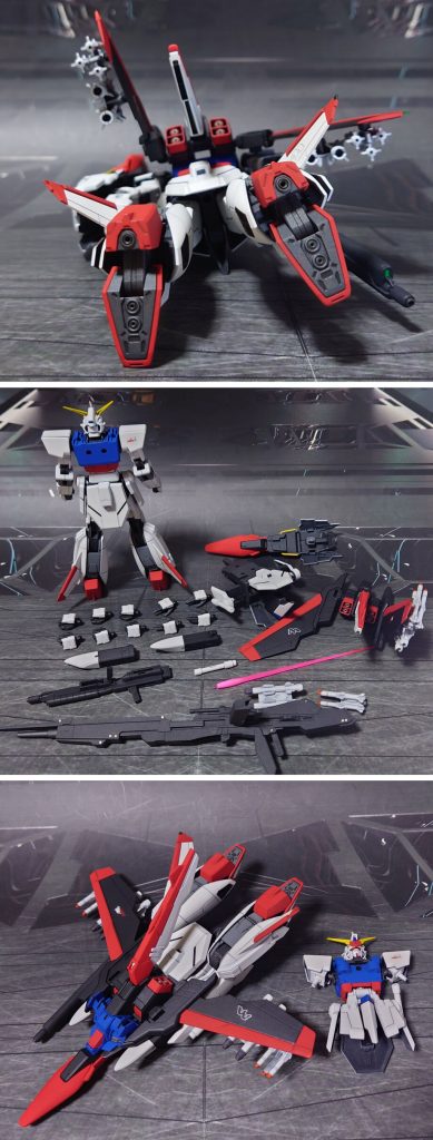 MS形態の真下からと、付属品一式、変形時の余剰パーツ。武装にHGUCゼータガンダム(REVIVE版)のハイパー・メガ・ランチャーを追加、合わせ目消しと肉抜き穴埋めも対応しています。