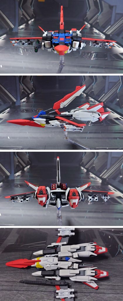 MA形態の正面、横、真後ろ、真下。仕上げのトップコート前に、ガンダムSEED系のデカールを貼り付け。尾翼(脚の羽根)のデカールの位置と向きは修正したかったのですが、デカールも数に限りがあるし、タダではないので妥協しました。