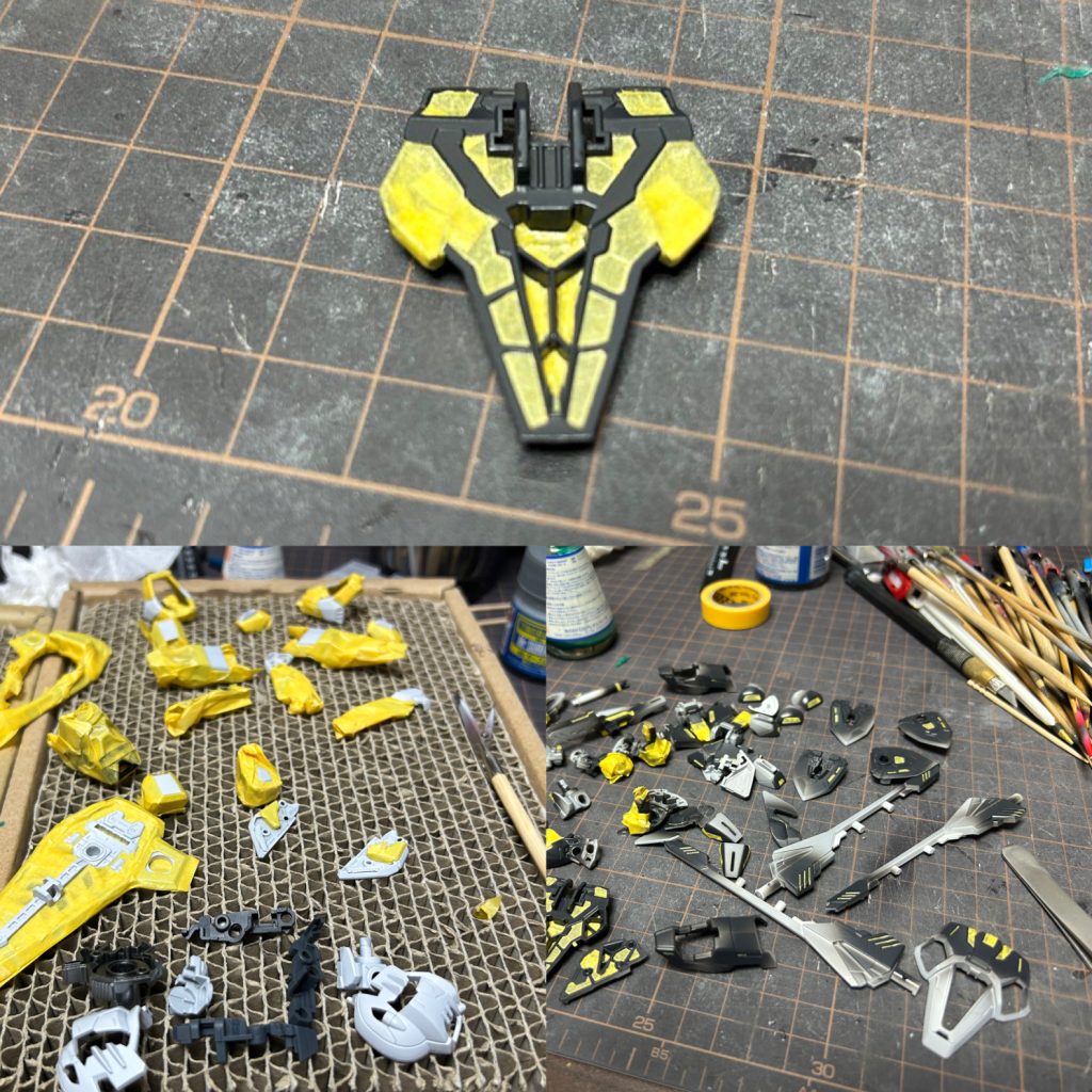 マスキングの様子。ここの部分塗装水性やエナメル拭き取りでいいんじゃないのかってところまでマスキングで塗り分けました。色変わったらやだなぁとか思ってやりましたが結果拭き取りでよかったんじゃないかと思います。時間かかり過ぎた要因その1でした。根性次第でかっこよさ変わるのではないかと思ってます。