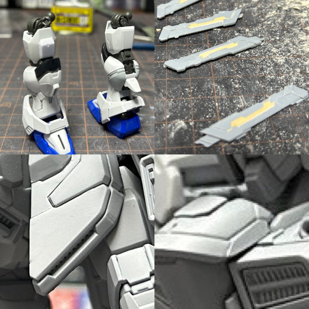 ディテール調整。足りないところは足して過剰なところは引きました。これもMGを参考にしたりデカール貼る都合とかそんな感じです。腰回りのディテールがうるさく感じたので整えたつもりです。接着剤やプラ板、パテで埋めて光沢クリアー厚めに吹いて研ぎ出して調整しました。若干掘ったり貼ったりした程度。元々のディテール感強目だったのであまり追加してないです。見えにくいとかだったりするのでほとんどかんじない」