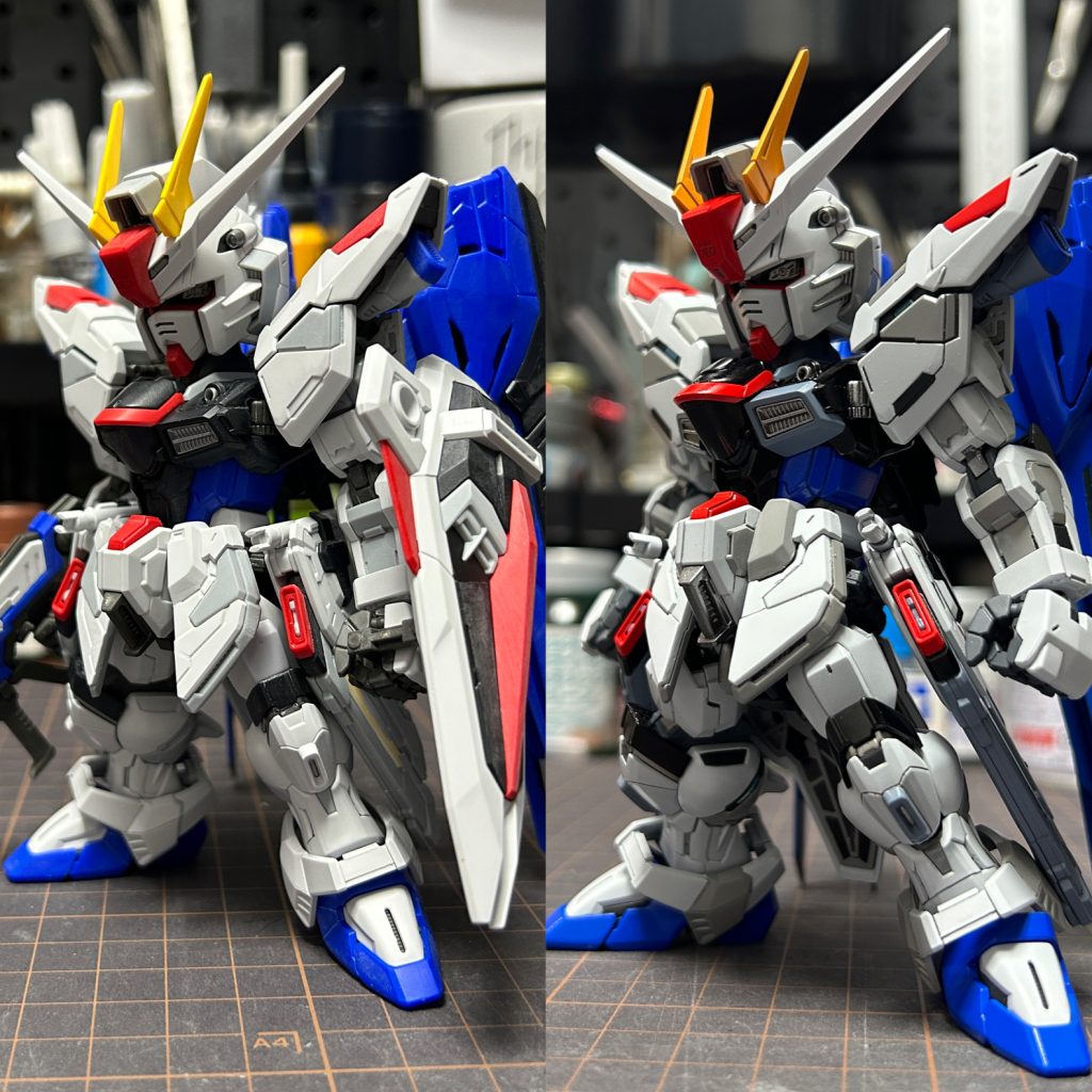 塗装前後比較。基本的にはキットに準ずるよう塗装してますが少し色の置き方見直してます。MGver2.0などを参考に。