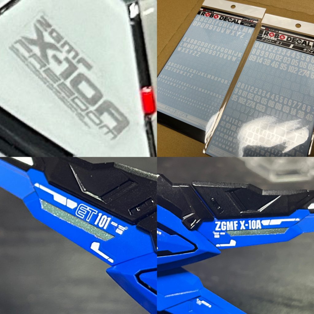 左肩機体番号は付属のシール。少し余白をカットして光沢クリアー→研ぎ出しを２回繰り返して段差を軽減してます。もっと完璧にもできますが塗り分けした逆エッジがクリアーで埋まってしまい変な厚み出るので目立たない程度に留めてます。何ヶ所かシール使用部にはこの処理してます。何ヶ所かレッドポイントも作ってます。デカールワーク。スジボリ堂さんのロボデカールアルファベット、ナンバーを組み合わせてます。フォントが宇宙世紀っぽいのですが、文字サイズが割とあるのである程度任意の箇所に貼りやすくて重宝してます。これは結構な量ストックしてます。公式のコンテストとかには使えないのでご注意下さい。文字だけだとなんだか寂しいので他SEED DXデカールを中心にRGのデカールを使用してます。余分なマーキングはカット、一部分だけ貼ったりとミキシングと同じです。全体的に左右対称の同じパーツ構成が多く同じデカール何枚も用意しなくちゃいけないとかあったのが難所でした。ミスってちぎれたデカールも繋ぎ合わせて見えないように貼ったりしてます。 
