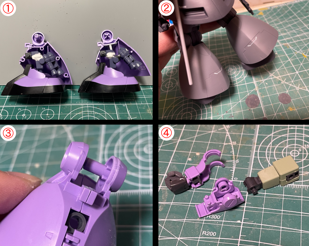 ①②足首で2ミリほど延長。ポリキャップが緩いワケではないのですがグネグネ動き、気がつくと足がスネに埋まってしまい短足に見えるのでプラ棒のストッパーを付けて調節後ろの3連ノズルもそのままだと踵が焼けそうなので位置を調節。しかし今度はふくらはぎの装甲が焼けそうなのでスジ彫りでパネルラインを追加しノズル使用時にはここが開くということにしました古い漫画ですが「MS戦記」のドムはそんな設定だった気がします③膝関節周辺のパーティングラインはここを境目にパーツにけっこうな段差ができています。こういうところは盛ったり削ったりしてツライチにするのも大変なのでパーティングラインをガイドにスジ掘りしちゃいます④腕はザクⅡのパーツを使用。関節の軸受けを少し削るだけで簡単に移植できました。しかも付け根が隠れるので雑な加工でOKジオニック社のものを使うことに少し抵抗がありましたが、高機動型試作機やドム試作実験機を見てたらどうでも良くなりました