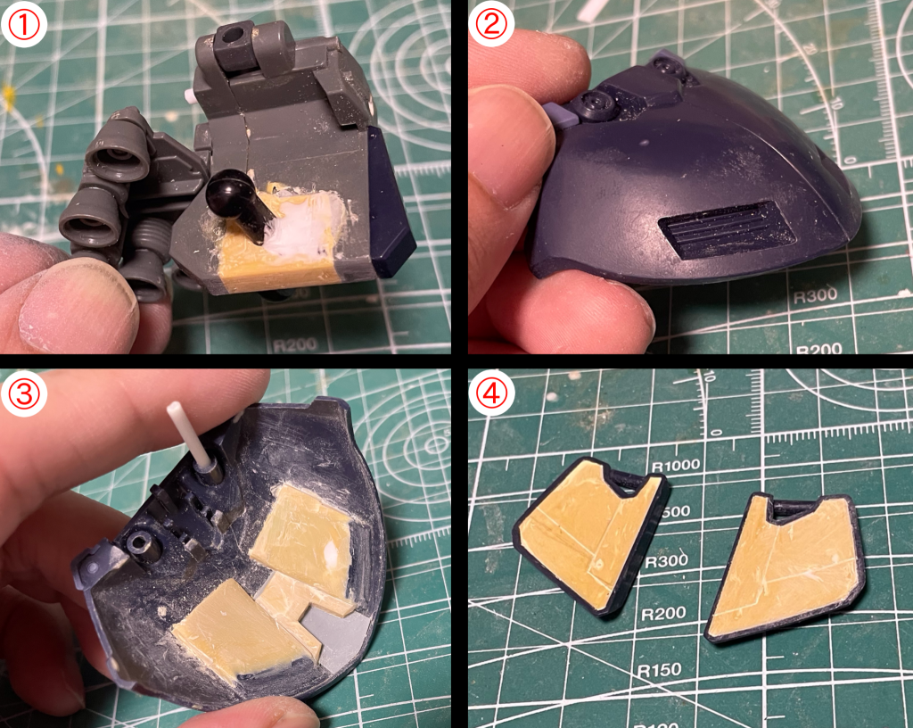 ①リックドムⅡの腰ブロックにドムの股関節を移植。全体のプロポーションを考慮しⅡのものよりかなり下の位置にしていますまた、後ろ側のバーニアの位置を微調整し中央に寄せ、リアスカートにディテールを仕込む隙間を作ります②③リアスカートにはダクトがあります。外から見る分には良いのですが、内側はこのダクト部分だけ出っ張っている上にそれ以外にディテールがなく、スカート裏がおかしなことになっています金属パーツでノズルも延長すればほぼ気にならなくなるところですが、プラ板とパテで凹凸を作って密度を上げました④フロントスカートの処理。エポパテで埋めてスジ掘りするだけのお手軽仕様