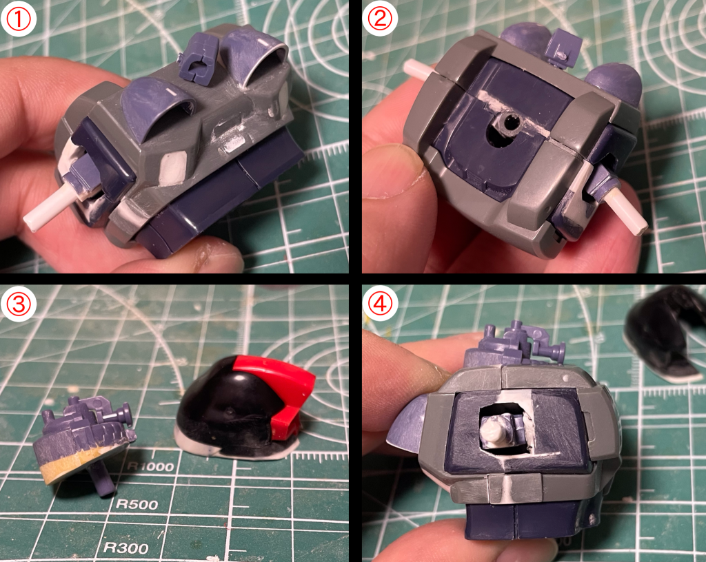 ①リックドムⅡにドムのバーニアとヒートサーベルを移植②初めはジャイアントバズを両手持ちさせるつもりだったので肩を引き出せるようにしていましたが、黒い三連星との差別化と一般機らしさをより強調するためMMP-80マシンガンに変更。そのため不要なギミックにまた、上部にできる合わせ目は段落ち処理で後ハメ加工しています③④頭の角度を変更。ドムでも顎を引いたポージングになるようにしました