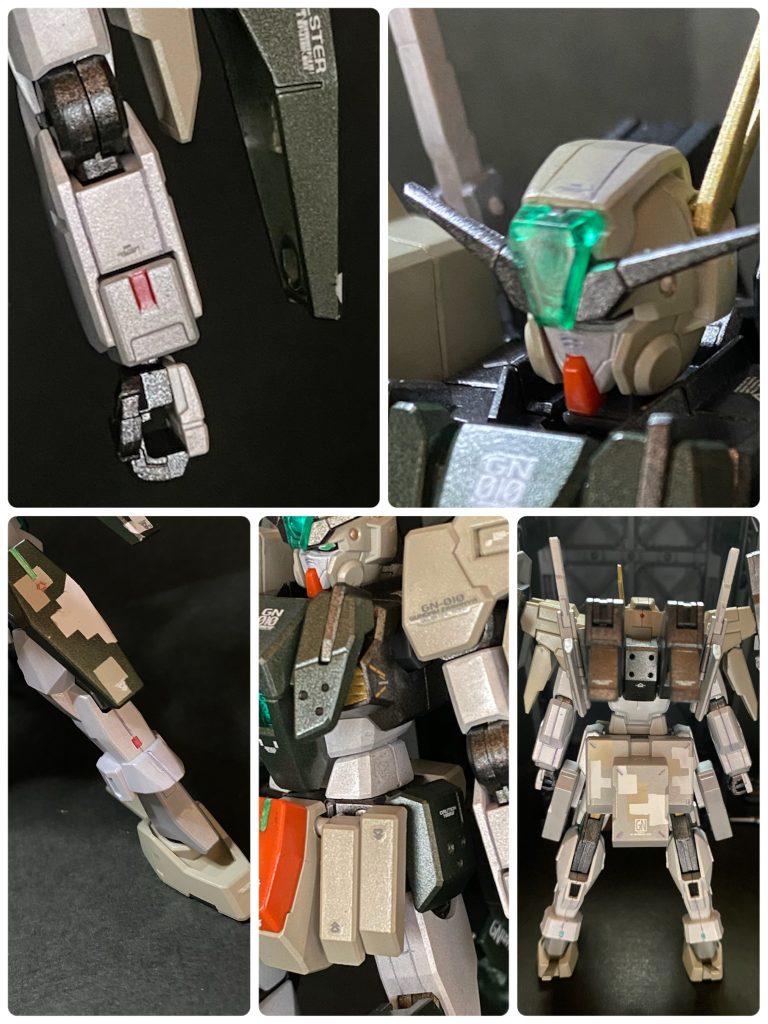 大幅なカラーリング変更や改造は行わず、気になる部分だけの小改修です。ベースキットは2008年発売の素ケルディムですが、前回作ったベースキットのジンクスと今回のケルディムの間に傑作ポリキャップPC001が採用されたこともあり、ガンプラ的にもかなりのイノベーションが起きてた時期だった模様。ガンダム00は毎週欠かさずリアタイ視聴してたのに、その頃の自分は「hgucこそ至高!」みたいな謎の浪漫主義を貫き、00キットは素通りしていました。合わせ目なども少し工夫されてますが、基本段落ち処理をして、片側だけに合わせ目がくるパーツは左右対象になるようにモールドを入れて行きました。あとは淋しい箇所に三ツ星モールドを入れたり、開口したり。銃は7つどころか9丁もあるので合わせ目消しせずやすりがけのみで、銃口が浅いパーツは開口しました。