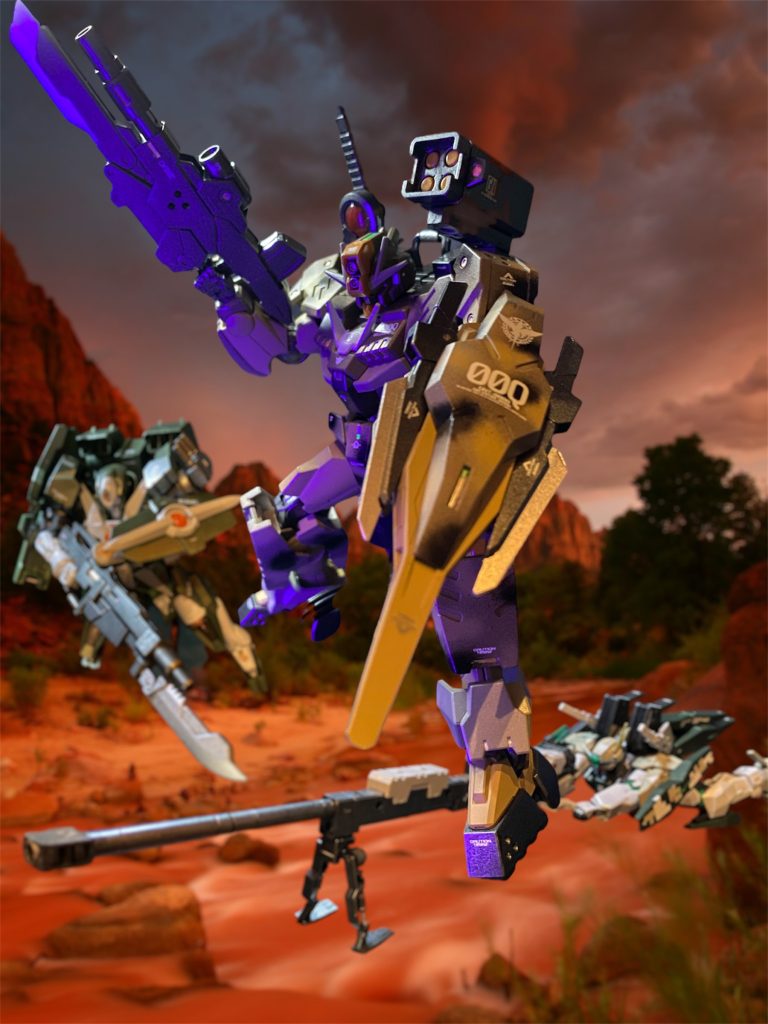 やがて現れた敵の主力と思しき部隊に突撃するのは、長男マリオ・レナートの機体ダブルオーコマンドクアンタ デザートタイプだ。フルアーマー仕様を思わせる重装甲に実弾系武装を中心に装備することで地上戦、特に砂漠地形での高い守備力と継戦能力を合わせ持ち、小隊長機にして前衛を務める。マリオの考える『天地人』の戦術論を改めて見直し、これを体現するべくビルドされたこの3機をもって、かつて苦杯を舐めさせられていた新生レナート小隊は、シン・レナート小隊としてこの世界大会を勝ち上がってきた。