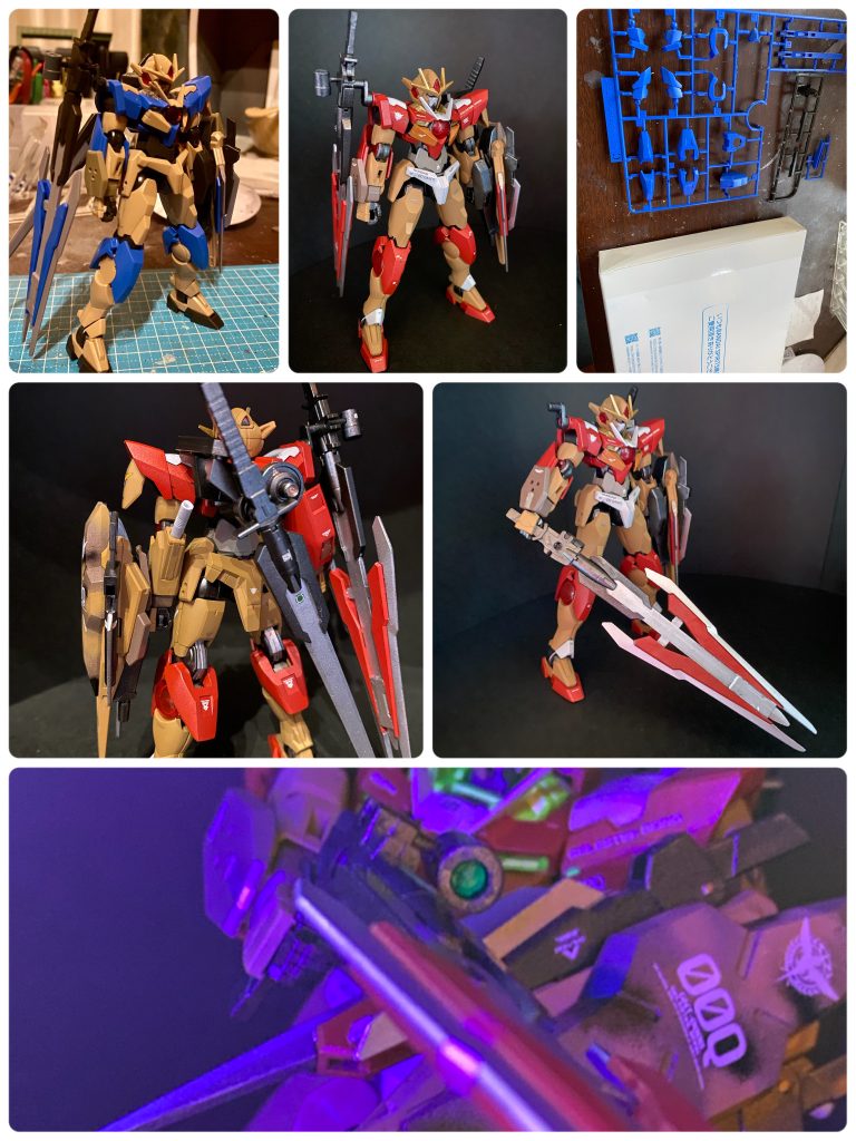 改修ポイントです。素組状態、青系のカラーリングも思ったより悪くは無かった。ただ、昔雑誌で見たセブンソードのインスペクションカラーの作例がめちゃくちゃカッコよくて鮮明に覚えてるので、今回の仕上がりはコレで。コマンドソードは背中に斜めがけするように背負わせてます。今回一番の改修点はオリジナルのプロトGNバスターライフルソードを作ったこと。全て余りパーツで作ったにしてはいい造形してます。元々ナックルガードを付けていた部分にはスコープをスクラッチして付けました。蛍光パーツなのでビコーンします。また、右肩部に専用マウントを取り付けてます。