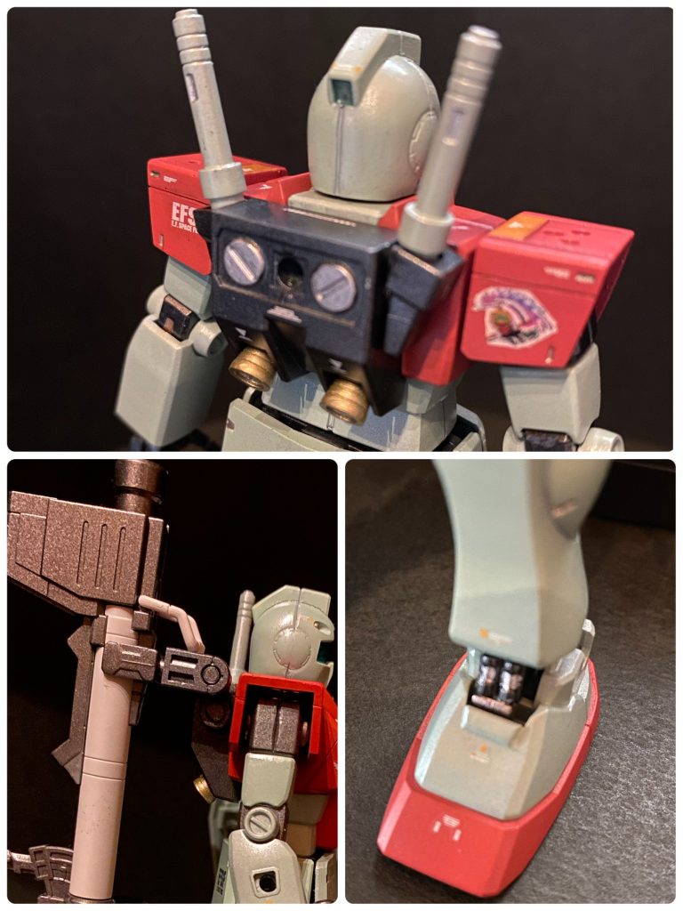 バックパックは右側側面に3ミリ穴を開け、ジャック機のバズーカラック、アダム機のビームサーベルホルダーとつけ替える仕様としました。ハイパーバズはorigin版ガンダムのものを使用、ラックは適当なジャンクパーツと3ミリ棒でスクラッチ。ビームサーベルホルダーは、同じくorigin版ガンダムのものに、ジムの整形色ビーム刃が着いたものを切り飛ばして穴を開け、左側の柄と同等にしたものを装着。情報量を上げる意味で、付いているメカニカルなディテールは見えなくなる部分でもなるべく塗り分け頑張りました。