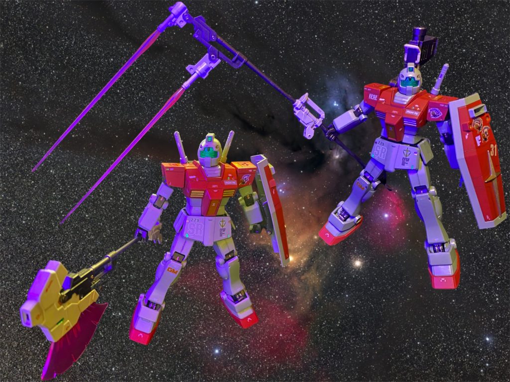 機体自体は地味な量産機なのに、ジャックザハロウィン小隊のエムブレムってなんであんにカッコいいんだろう?って思ったことありませんか?てことでオリジナル要素で、パーソナルマークをモチーフにした専用ビーム武装をそれぞれに持たせてみました!もとはシステムウェポンのシナンジュバズーカと一緒に入っていたツインビームスピアとビームアックス。