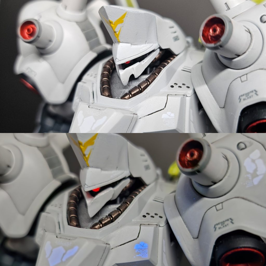 フェイスマスク?フェイスガードは2種類。上、サイコドーガのが紛失して自分の癖を取入れスクラッチ。下、紛失した物が見つかったついでにサイコドーガとサザビーをニコイチ。どちらも採用となりました。