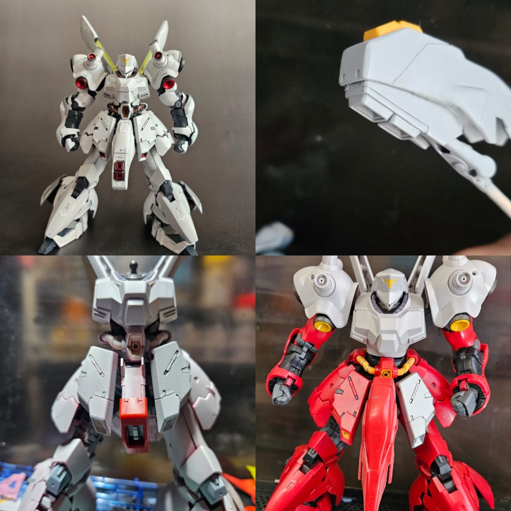 作品が逆襲のシャアとベルトーチカチルドレンというのもあってこの股間部品はナイチンゲールを意識しました。左下:シナンジュのパーツと右下:サザビーのパーツをドッキングしアポジモーターを上下にセット。姿勢制御に一役かってます。