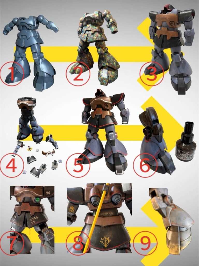 ①下地。ベースグレー。ブラシでベタ塗り。②新MAX塗り?レインボー下地をブラシで。手が疲れたけど楽しかった🎶③基本塗装。ファレホ筆塗り。ネットで見つけた取説に合わせて塗りましたが、イメージと違う部分が多々あったので、参考にしながらも脳内リアルタイプドムのカラーに。④マスキング。デカールないのでラインを手描き。⑤汚す前。綺麗な状態はここで見納め。⑥ウェザリングマスター・グランドブラウンでウォッシング。⑦頑張って描いたラインを汚したり、削ったり。撃墜マーク、機体番号などステンシルを使いブラシで描く。⑧ジオンマークもステンシルで描きました。ミスったところは汚して誤魔化します。⑨ウェザリングペーストで砂泥汚れ。