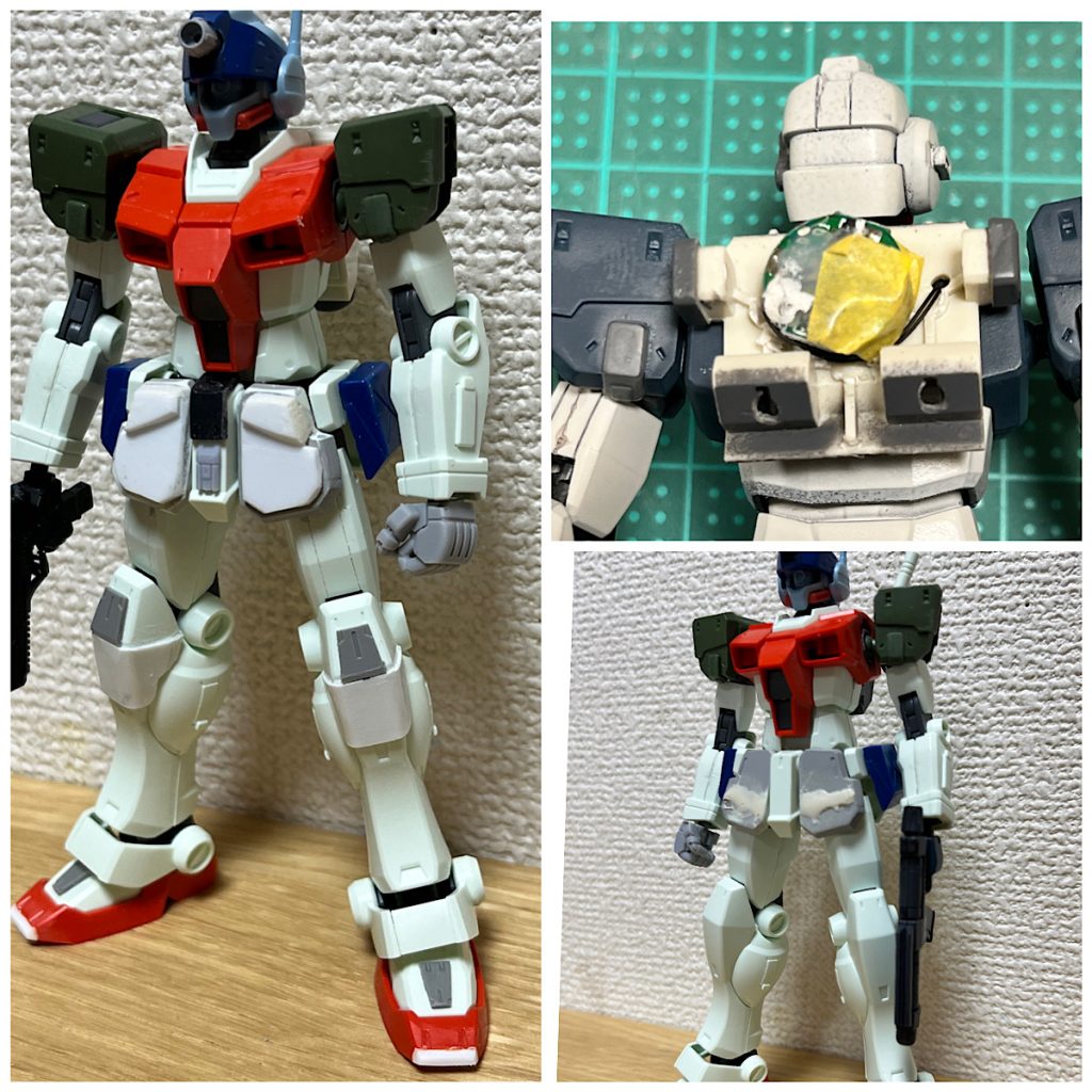 ジムスナイパーⅡ、ジムスパルタンのパーツを混ぜてます。前スカートが短すぎると感じたので、3mmくらい延長したあとに厚手のプラ板を貼ってボリューム出しました。膝もプラ板と市販パーツを貼ってディティールアップ背中には電池を背負ってます
