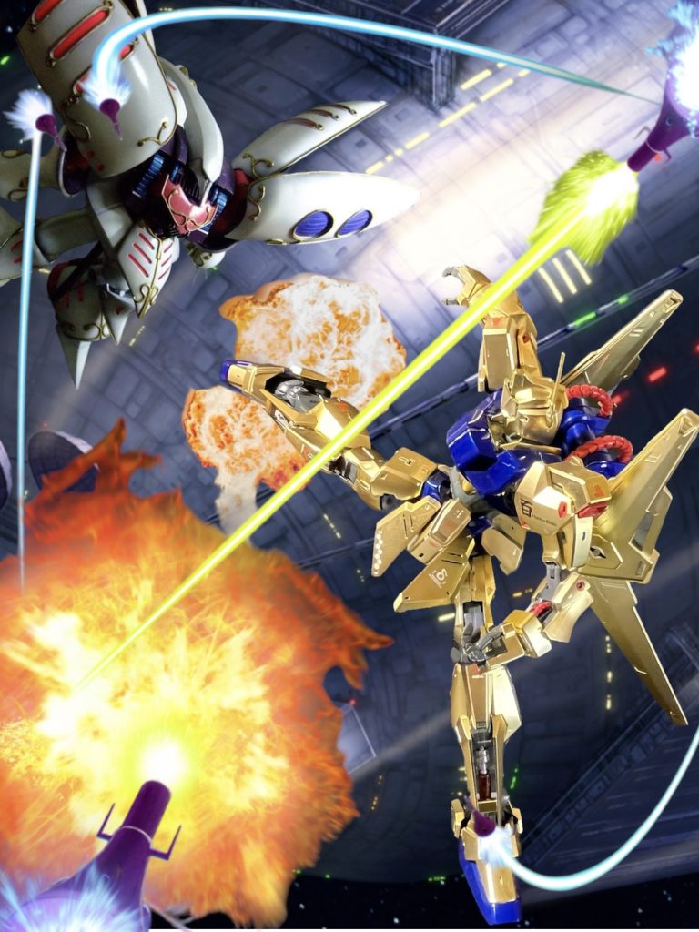 デジラマ、コロニーレーザー攻防戦。ライフルを失いさらに迫り来るファンネルを鋭い反応で蹴り落とす百式。「まだ終わらんよ‼️」 キュベレイは以前作成したモノです。画像を合成しています。