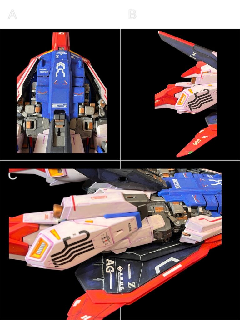 左上：フレームをメタリック4色で塗り分け。頑張りました😄右上：航行灯塗り分けました。メタリック→クリアグリーン、レッド、ホワイト➕グロスメディウムを上塗り。下：デカールペタペタ頑張りました。ケルディムやセラフィムのデカール多用しました。