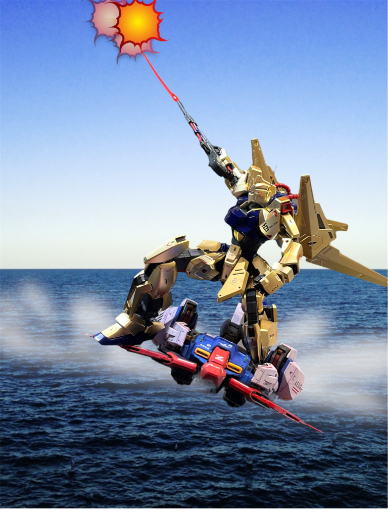 ティターンズ兵「金色のやつは後ろに目がついているのか⁈   うわぁっー」カミーュ「大尉、お見事です！」いずれティターンズMSを手に入れたら作ってみたいジオラマのイメージです。キットがないのでとりあえずデジラマで😊