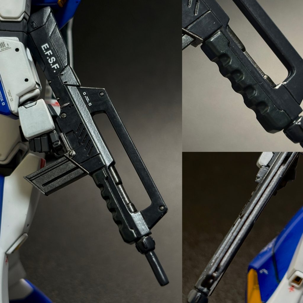 ビームライフル。マガジンみたいな形状の部分ありますが、さすがにこの時代ではカートリッジ方式では無いはず。あとハンドパーツのサイズが大きかったので、ビヨグロガンダムと交換してます。