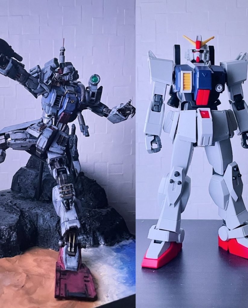 ビフォーアフターで比較するとこんな感じです。一年戦争でジムの配備が完了するまでジャブロー周辺を防衛していたMSと言う設定です。壊れた陸ガンを修理して水中運用を可能にする改修をした機体です。