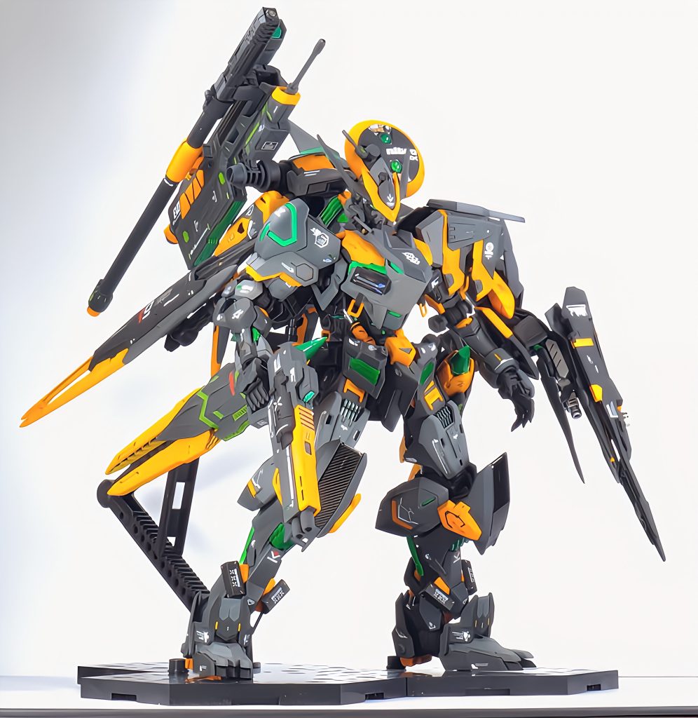 テーマはバルバトスを本編とは異なる形の中近距離機体て設定で作りました!右手→ショットガン右肩→30mm滑空砲左手→ハシュマルキャノン(ブレードに切り替え可能)左肩→レドームという構成です!