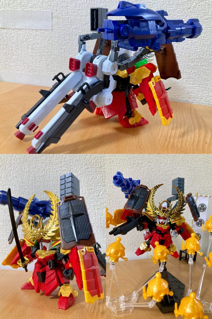 上記の造型アレンジに加えて、紺・ワインレッド・白を基調とした特徴的なカラーリングへの変更を施した事で、サンボル版フルアーマーというモチーフが一見してわかりやすい感じに仕上がったかなと思います。