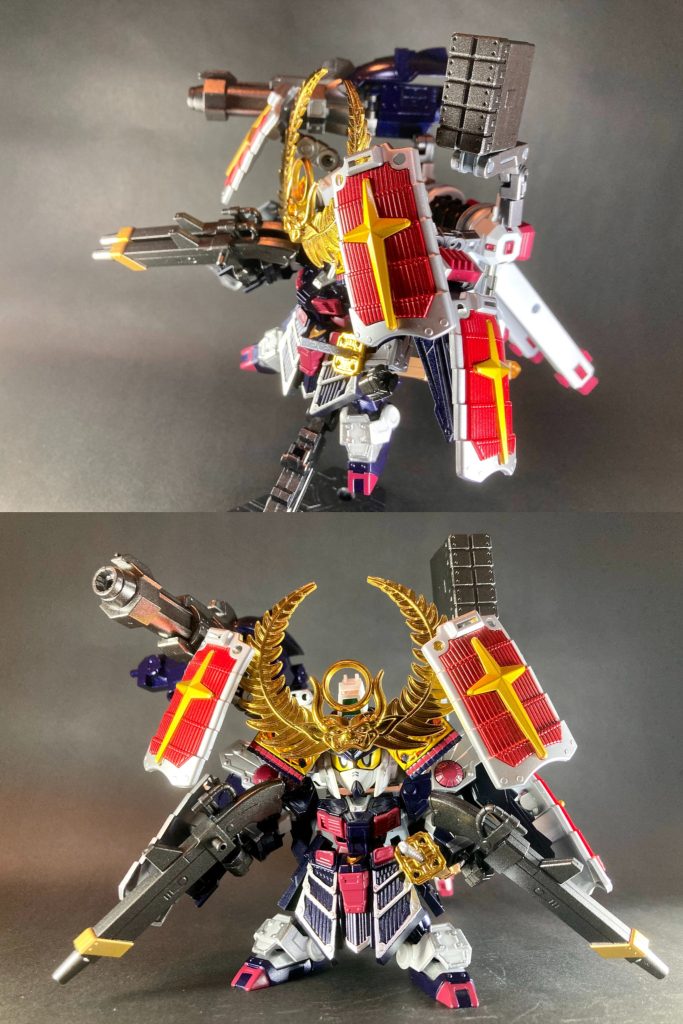 ［二連装式種子島］家康フルアーマーガンダムの主力武装。連結式二連装の種子島ライフルで、連結斉射時は通常の種子島よりも高威力、分離運用時は射角が広く取り回しに優れた汎用性を発揮する。弾薬弾倉は充填式で背部バックパックに大量の予備弾倉を備え、絶え間ない連続砲撃で敵陣を圧倒する！