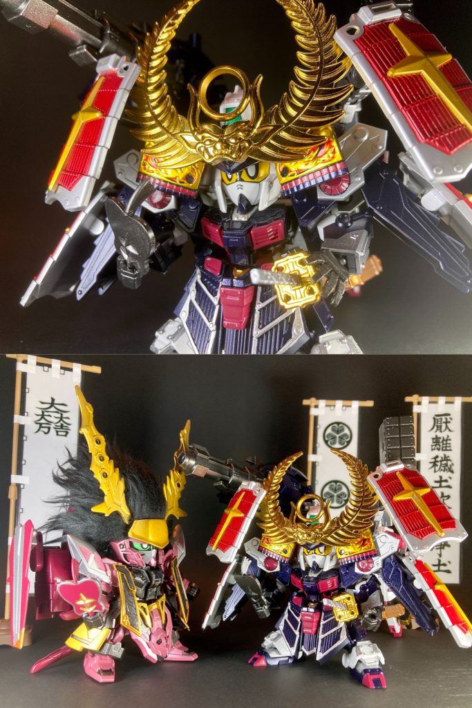 このたび2024年9月15日から、X（Twitter）上で「#決戦SD関ヶ原」という関ヶ原の戦いをテーマにしたSD武将ガンプラ大集合企画を開催させて頂いております。開戦日から約2週間現在、東西両軍合わせて計70体以上という非常に多くの皆様の作品に御参戦頂き、とても盛況の賑わいに恵まれ心から感謝御礼申し上げます。本作はこちらの企画参加のために、東軍総大将・徳川家康らしい威厳や風格を意識して製作致しました。