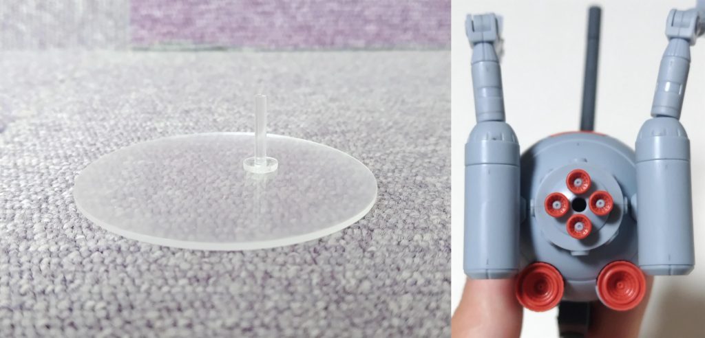 キットには台座が付属しますが、塗装剥げの心配があり、見栄えもイマイチ(zaku-kao1)なので、今回もプラ板とランナーから自作です。ボールにはポリキャップを仕込んであり、下面に空けた穴に台座を挿して飾れます。