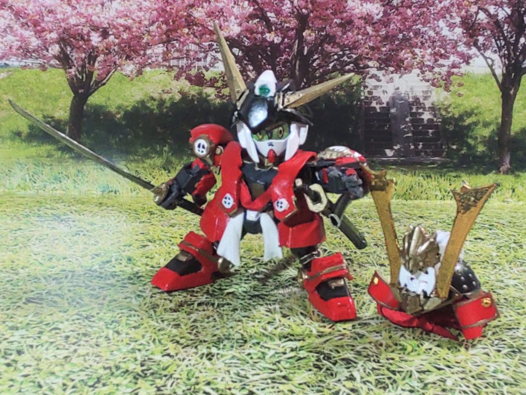 そして換装式に兜を取り外してドリフ頭に。角がなんでこんなデザインかというと、キャラ的に真っ直ぐ歪んでる感を出したかったから。作るのしんどかったです✨