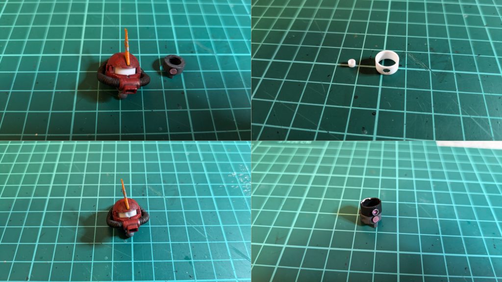 製作工程には唯一の改造?だけ挙ます。最初は全ての部品を普通に組み立てたのですが、どうもモノアイだけが気に入らず、そこだけ後から作成しました。直径9.5,内径8.3プラ棒を切断、Φ3の棒を埋めてピンバイスで窪み加工。塗装してからポンチで打ち抜いたラピーテープを貼って、最後にレジンを入れて完成です(なお、目玉をΦ2の棒で作成し直した物を最終的に採用しました)。