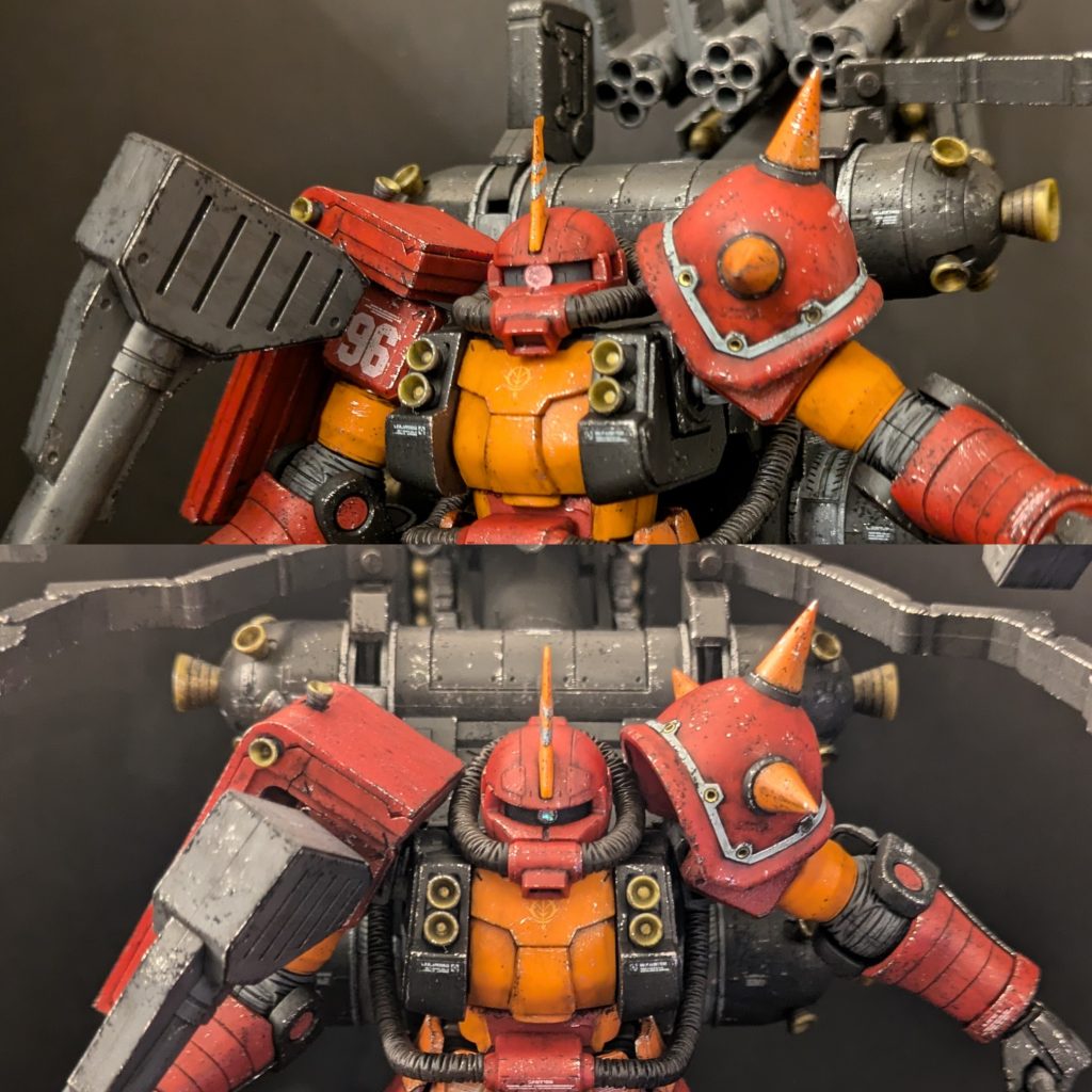 モノアイ変更の前後比較です。変更前の上もいちおう純正シールの上に薄くレジンを入れています。もう少し特別感があるといい気がして作成したのが下なのですが…見返すと元のままが良かった気もまたしてくるので、もう完全に自己満足の世界ですね。最後までご覧いただきありがとうございました!