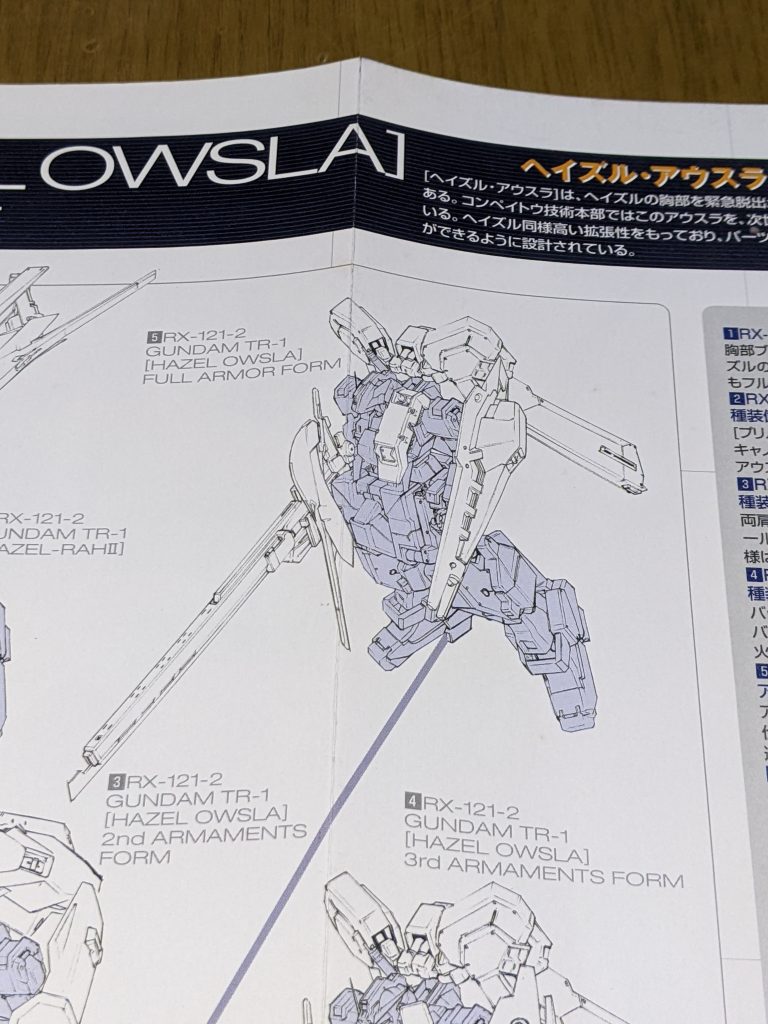 公式ムックVol.6よりアウスラ系譜図より、元となった形態です。今回アップしたマシンとの違いがあるとすれば、図では強化型センサーのヘッドですが、通常ヘッドであることと、シールド・ブースターをスプレッド・ビームを追加搭載した強化型に変更していることでしょうか。