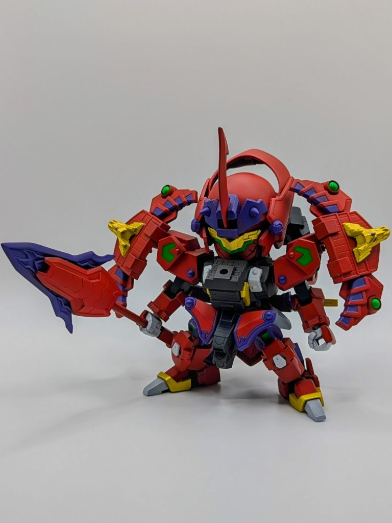 塗装レシピグレーサフ→エヴォパープルベース 赤→ニムバスレッド 金→スターブライトブラス ライトグレー→ディアクティブホワイト(水性) ダークグレー→ケンブグレー(水性)   紫→パープル(水性) 黒→グラファイトブラック(共有部分:胴体、腰、肩) 発光部分→スターブライトブラス→蛍光グリーン 武器→スターブライトシルバー、スターブライトブラス、蛍光グリーン