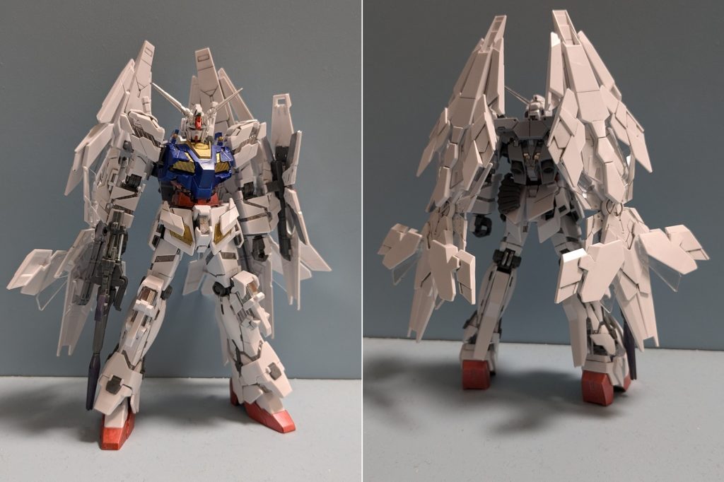 前後全体写真、カラーリングはメタリックなトリコロールとなっています、なお塗装はいつも通りガンダムマーカーのみです。~以下脳内設定~不死鳥狩り作戦に伴いアナハイムがシェザール隊への配備を前提に組み上げた機体。本機はユニコーンガンダム製造過程に製造したデストロイドモードへの可変機構耐久試験機体にユニコーンシリーズの予備部品を取り付けた急造機である。可変機構はロックしデストロイドモードに固定、サイコフレーム非搭載、NT-D非搭載としたため見せかけだけの機体となっているが、基本スペックはユニコーンシリーズと同等であるため従来機を圧倒する。対フェネクスを想定している為、サイコジャック対策により本来のサイコフレーム装着スペースには試験中の脳波遮断素材を装着している。しかし、シェザール隊の優秀なパイロットをもってしても本機機動負荷に耐えることができず配備に至らなかった。~脳内設定終了~やっぱり塗装するならトリコロールが定番ですよね!(*'ω'*)そしてサイコフレームが非搭載なのでフルサイコフレームならぬフリサイコフレーム( *´艸`)え?しょうもない?(; ・`д・´)