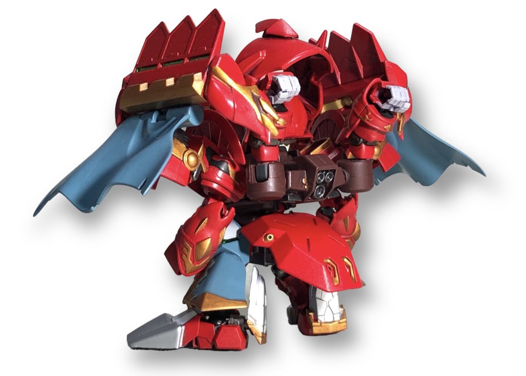 シナンジュやトールギスをベースにミキシングしています。肩や腰のグレーの布は、グエルが序盤で着ていた制服の着こなしを意識しました。