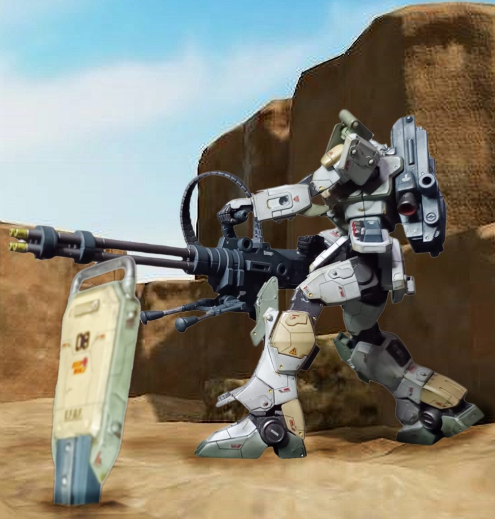 実は輝き撃ちは、シールドの上に銃身はなかったのですね、このようにシールドは手前に刺さっていて、丁度畳なって見えているのが正解。まあ、カッコ良けれはどちらでもいいのですけど😆