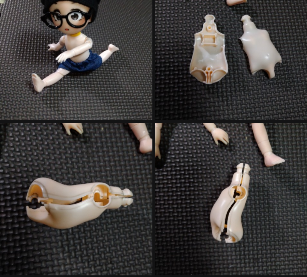 ボディの改修ポイントです。鉛筆線の部分をカットしたりします。肌色プラ素材なので！もう一体を溶きパテに当てて関節を増やしたり構図を決めて好きなスタイルに出来ます。限度が有りますけれども。。。褐色とか色付きも最近出できています。手足は軟質素材なので難易度高めの加工に成ります。　(私がmercari出品していますが)