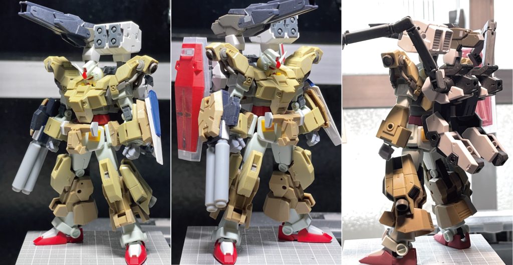 sangakuさんはボトムヘビーなAラインシルエットでまとめていたので少々アプローチを変えて、シールドをアームで懸架するサンダーボルト版FAガンダムの様な雰囲気に。30MM / 境界戦機 / ビルドファイターズ系のキットを色々と流用しています。 