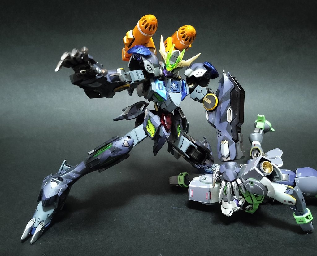 9.        武装についてMIPの水陸両用MSの設計思想が色濃く反映されており、水中機動の妨げになる携行型の武装は排し、全て内蔵型となっている。手のひらに1門ずつにビーム砲、背部のハイドロジェット・ユニットの先端に連装ミサイルランチャー、両腕にはジオン水陸両用MS伝統の格闘専用大型アイアン・ネイルがマニピュレータに組み込まれ、ヒートホークのように電熱化して敵機を破断する。