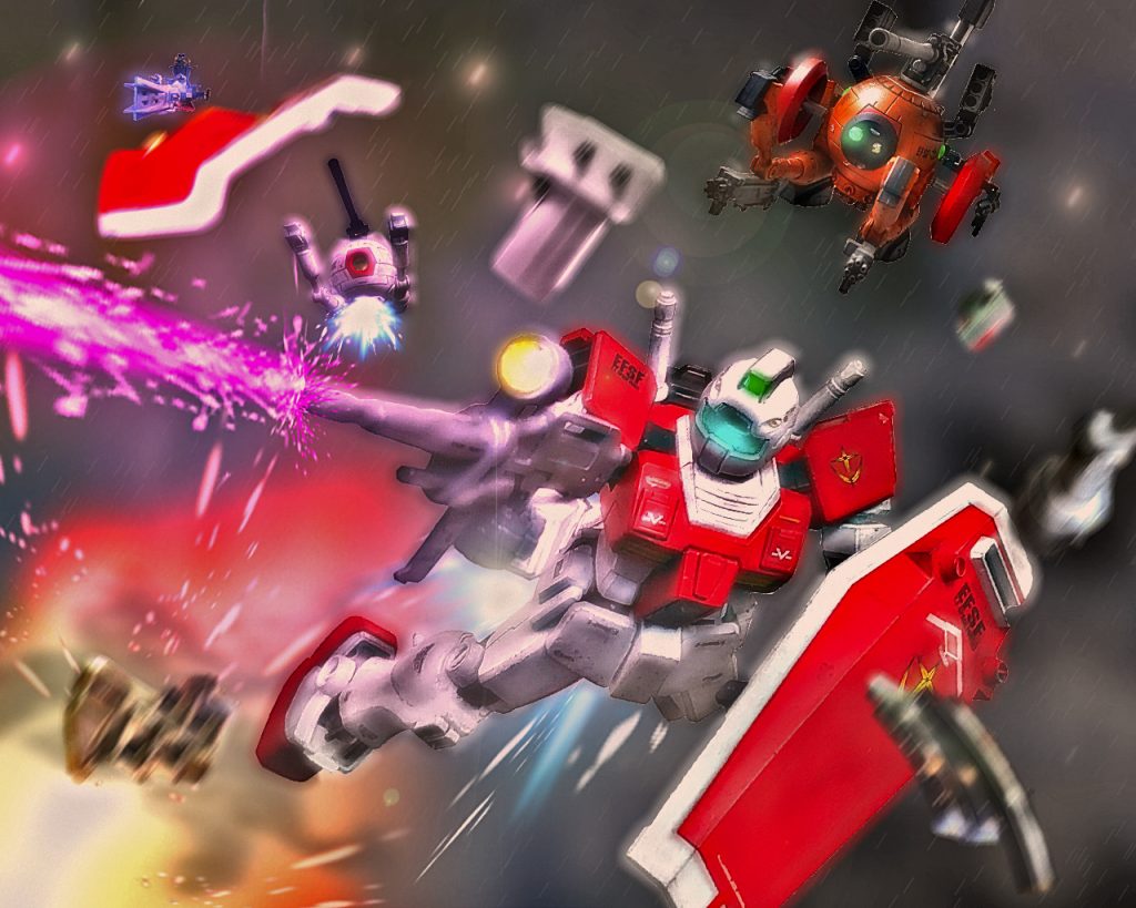 「各機前に出過ぎるな！ラインを固めろっ!!」ジム隊を指揮するバル・エルマー少尉は崩れた防衛線を立て直すよう指示を出すが、軌道に乗れずにいた。敵は少数ながらも練度の高さと機体性能が相まって確実に撃墜してきており、こちら側の被害だけが拡がっている。「スマイル02！部隊損耗率25%だ。ラインをもう１段階下げろ!!」「くそっ、数では勝ってるの何故だっ!?」アグレッサー隊隊長のトム・スクリット少佐から部隊の被害状況が伝えられるとバルは焦りを露わにする。「シューティングスター03からサーペント01へ！こちらも押し込まれてます!?」シューティングスター03は同じアグレッサー隊でジム隊を指揮するミッシェル・フリーマン少尉だ。「03、そっちもラインを下げろ!」「かなり下げてますが、敵の指揮官機と思われる角付きの機体が……あっっ!!」「どうした03!?」「…チェスターがっ、チェスターがっっ!!」「なにっ!?」バルはビームライフルの手を止めるとミッシェルの方へ機体を向ける。「チェスターがどうした03!?」トムは聞く。「ガンダムがやられていますっ!!」「…チッ!」ミッシェルのその言葉を聞くと直ぐ様バルは機体を飛ばす。「おい!02エルマー少尉、持ち場を離れるなっ!?」「これより友軍試験隊の援護に向かいます!!」「馬鹿たれっ!!今の自分の立場を理解しろっ!!」トムは無線の音が破れる位に怒鳴りバルに静止を呼び掛けるが、ジムは全速力で駆け抜けた。(アイツ!!悪い癖がまだ抜けてないのかっ!)トムも目の前の戦闘が激しさが増し、今はエルマーが抜けた分もフォローすべく搭載された火器で応戦するしか術がなかった。