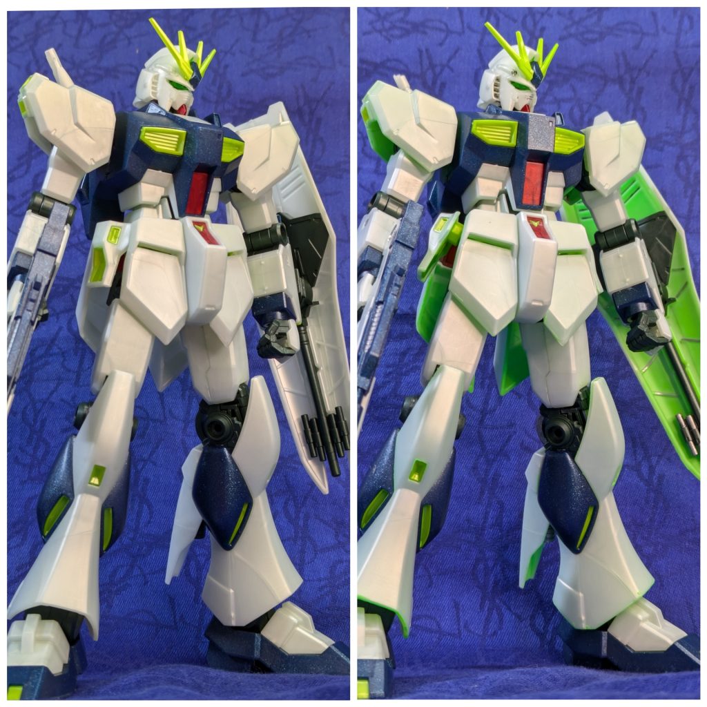 左=素組み右=装甲裏側を夜光塗料スプレーで塗装。ブラックライトでしばらく照射すると、暗闇の中で幻想的に光ります。