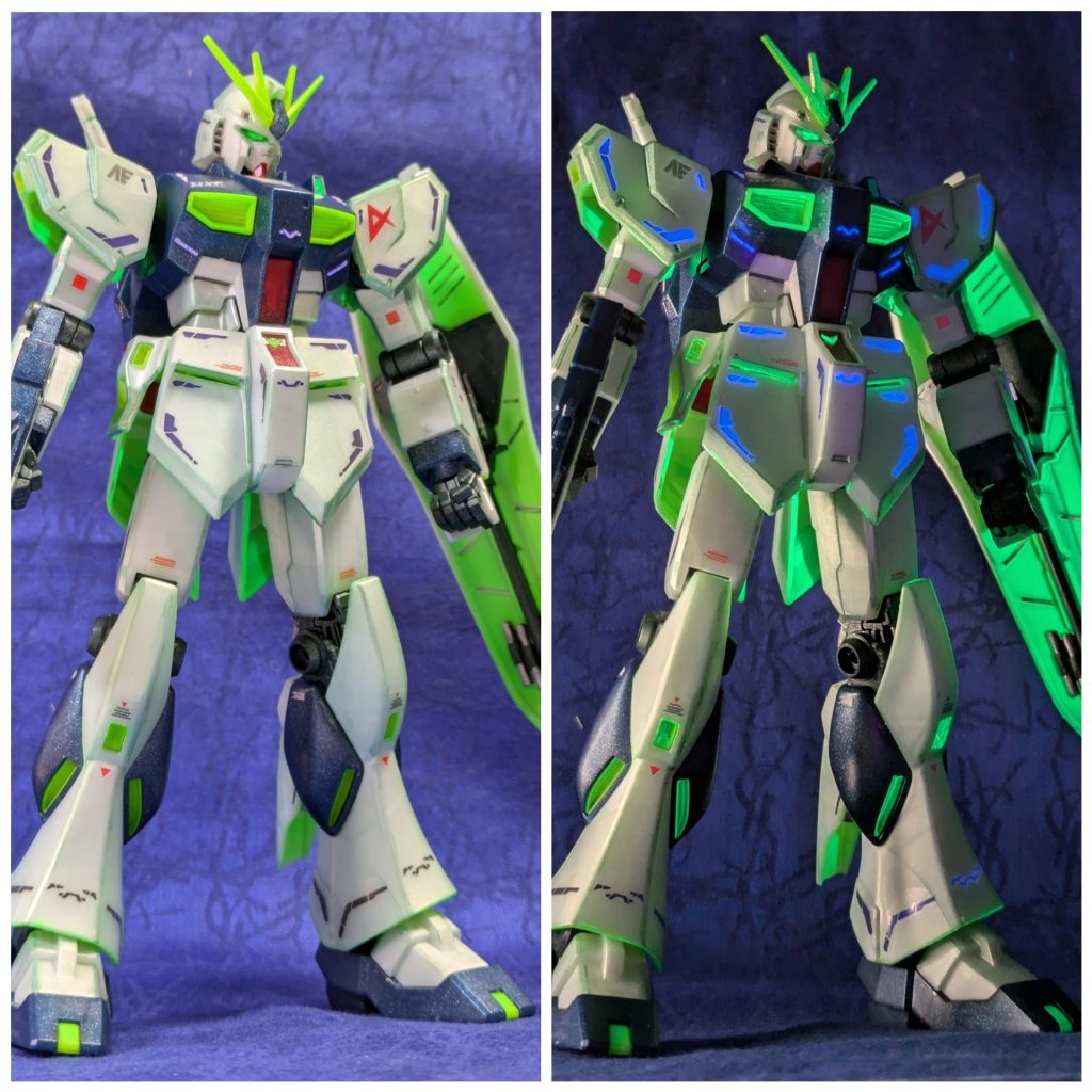 左=デカール貼付後右=照明を落としてブラックライト照射