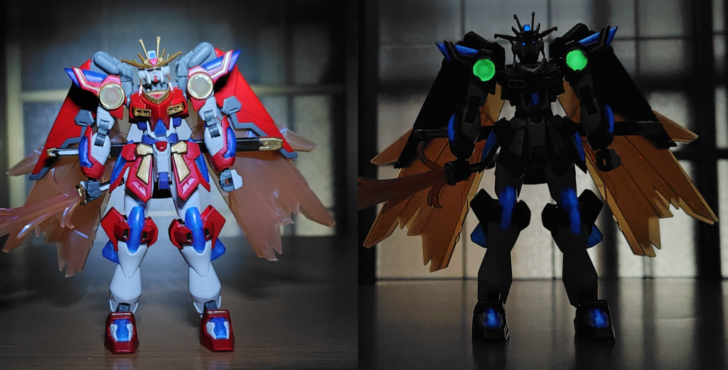 左がデフォ。右は暗所撮影ですがUVライト照射の出力が足りない所為かツインアイと各部クリアパーツの発光が物足りないです。