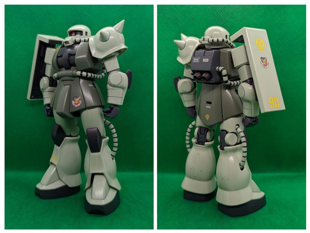非武装素立ちの前後ショットです。成型色を活かして部分塗装と小加工を行ってます。またガンダムデカール等をうるさくならない程度に貼ってます。