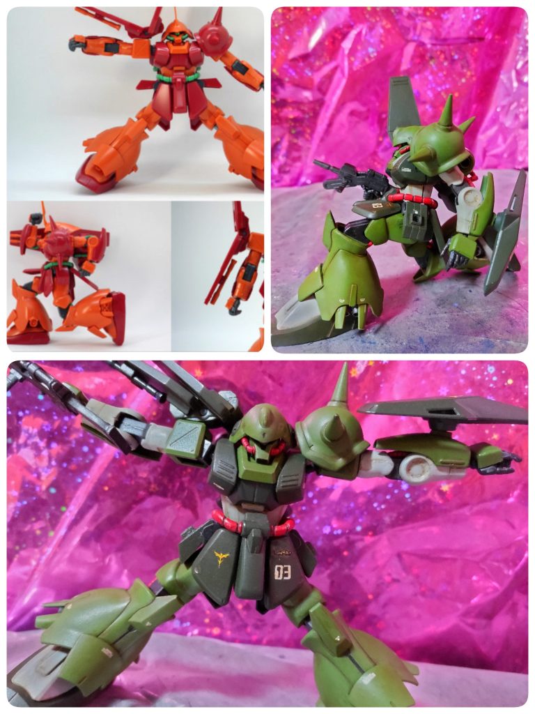 可動範囲を広げる改造をしてあります。(比較写真は「ポッチのガンプラ」さんより)膝立ちも割とスムーズに出来るようになりました。肩部関節もイエローサブマリンの関節技ボールジョイントに変更し、左肩スパイクアーマーはキットのままだと肩が水平まで上がらないので、ダブルボールジョイント化してあります。頭部のアンテナは敢えて撤去!モノアイはHアイズに交換してありますが、あまり目立たないですね(苦笑)