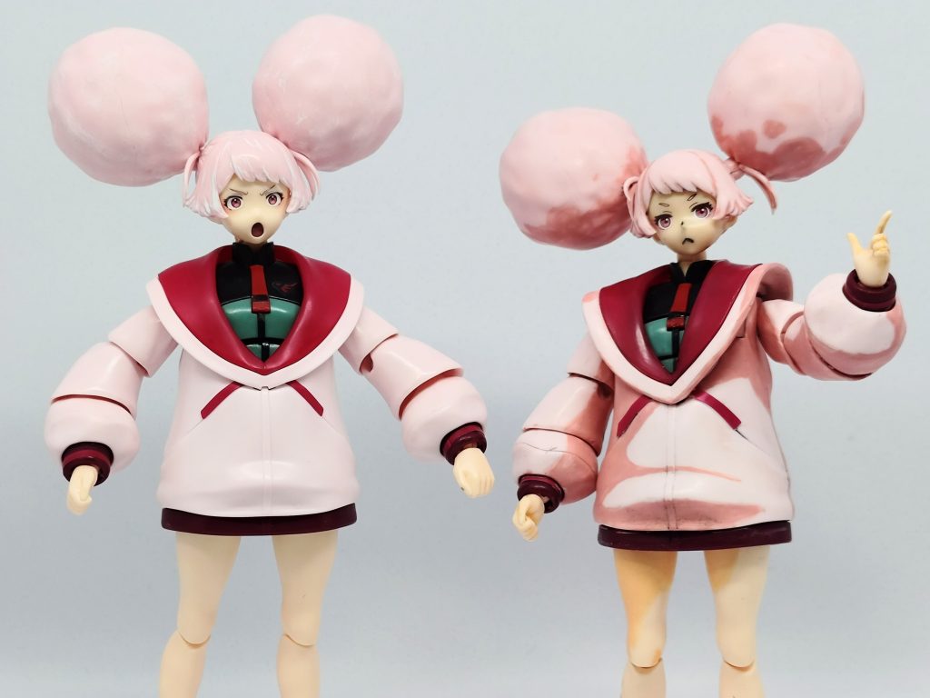 以前に載せたチュチュと比較。実は今回アニメ塗り初挑戦。何回もやり直して完成に至ったであります。メカと違って角がないフィギュア系はメリハリ出しづらくが難しかったであります。