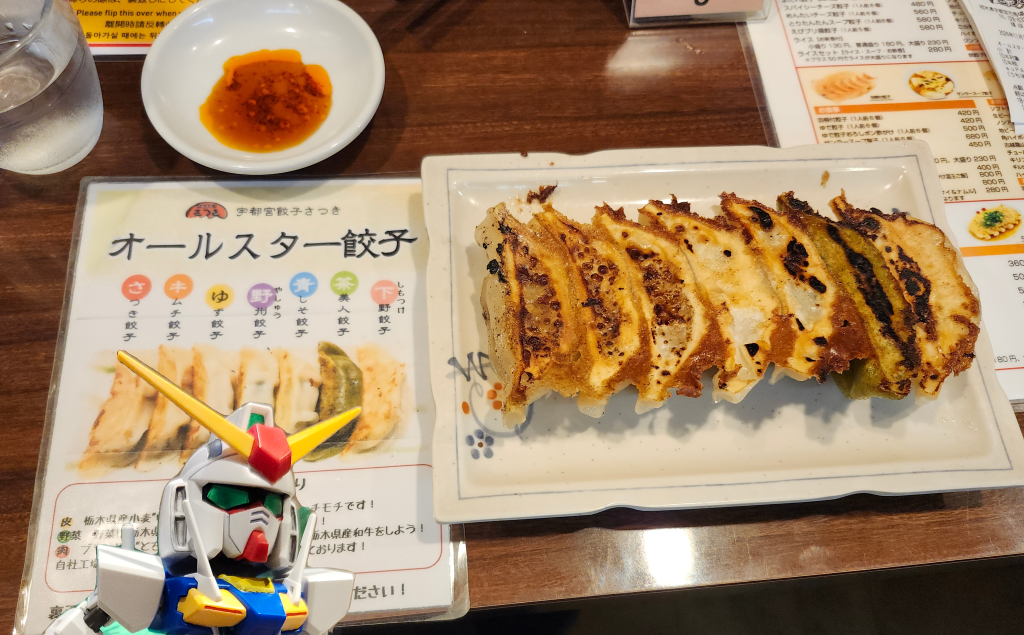 そして宇都宮に戻って昼飯だ!宇都宮といえばこれは外せない、宇都宮餃子だ!Oガンダム「定番だね!」俺は餃子を喰う!そしてOガンダムくんは…
