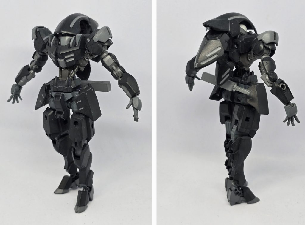 フロント・リア黒とグレーで塗装して、つや消しで仕上げました。基本的にはブースターを使用せず、アクロバットな動きとステルスを駆使した完全近接スタイルです。左右腰部に装備されたサイドアーマーがブースターとしても機能します。